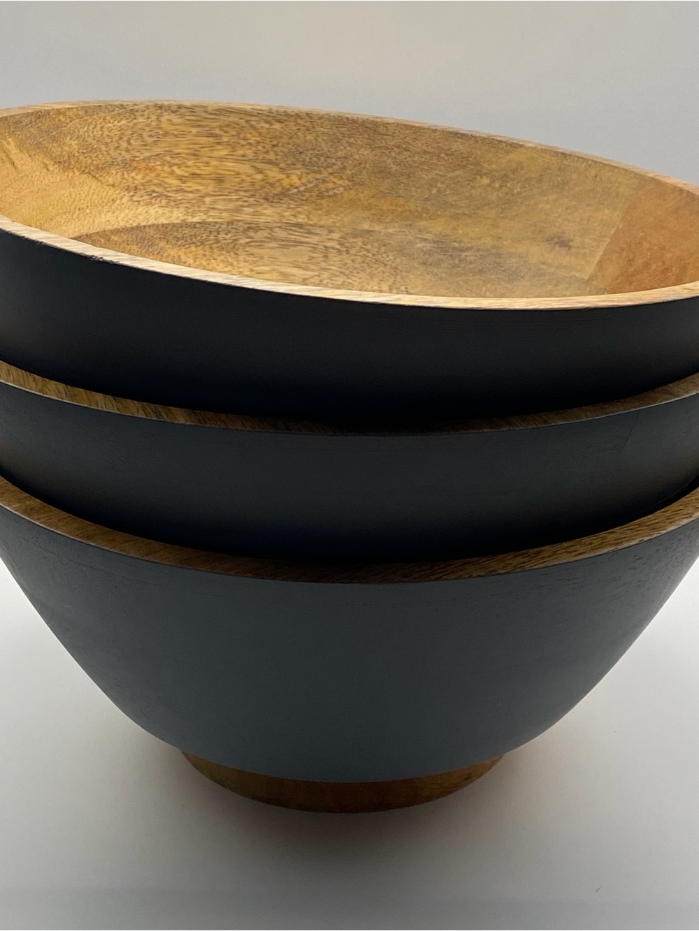 Wooden 10” Footed Bowls Set of 3 Made in India Gray Exterior Natural Handcrafted